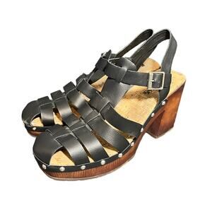 Korks Whitney Platform Sandal Women’s Black Wood‎ Grain Studded Fisherman Size 8
